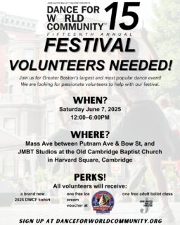 Calling all volunteers! Sign up for a shift at Boston’s biggest dance event!All volunteers will receive a brand new DWCF 2025 t-shirt, a voucher for a free ice cream at Frosty’s Ice Cream (festival food vendor) @frostyboston and a free ballet class at JMBT!Sign up for a 3 hour shift online at danceforworldcommunity.org!#jmbt #josemateoballettheatre #danceforworldcommunity #danceforworldcommunityfestival #dwc2025 #dancefestival #danceevent