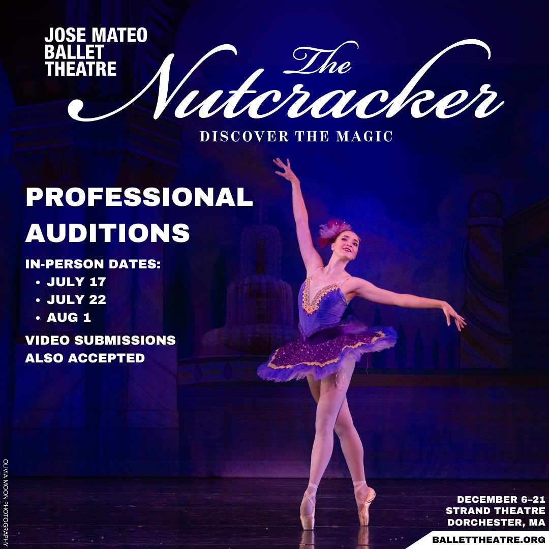 It’s Christmas in July! 🎄☀️
Join José Mateo Ballet Theatre’s 37th annual production of The Nutcracker this holiday season! JMBT welcomes dancers of all backgrounds to audition for its professional company and character roles for the upcoming Nutcracker season.Advanced/Professional dancers with significant performance experience (en pointe for women) are encouraged to attend. Adult dancers interested in participating should contact us to discuss potential casting/involvement in certain roles. Auditions will be held both in-person at JMBT studios located in Harvard Square and via video submission.Important things to note:
❄️ Preference will be given to local dancers from the Greater Boston area.
💂‍♀️ Dancers must be legally authorized to work in the US. We are not able to sponsor international dancers at this time.
🩰 Dancers are required to be available for and perform in all shows.APPLY NOW ONLINE AT BALLETTHEATRE.ORG 🔗